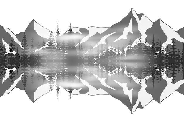 Vector reflection of mountains and forests in the lake northern nature view black and white