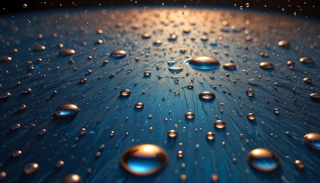 Reflective water droplets sit on a dark blue surface with subtle streaks reflecting a warm golden light source