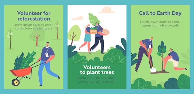 Reforestation Save Earth Planet Forest Restoration Cartoon Banners Volunteer Characters Planting and Growing Trees