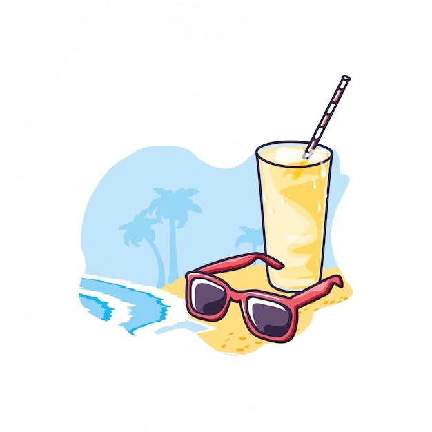 Refresh juice in the beach with sunglasses