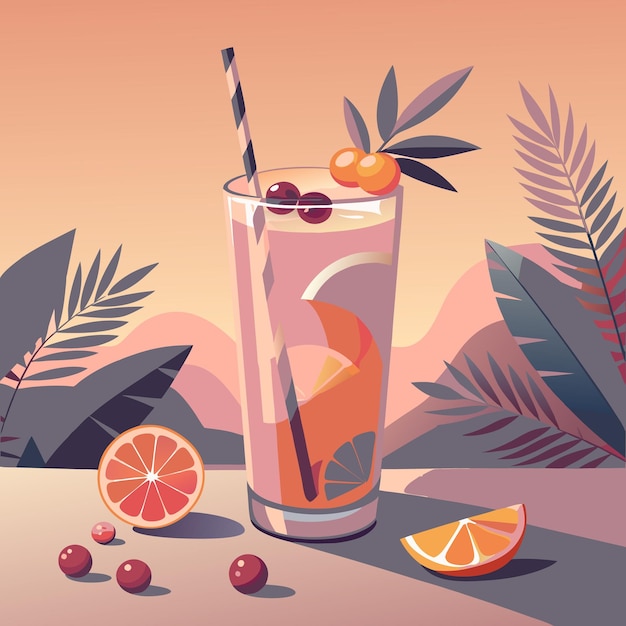 Vector refreshing cocktail with citrus slices berries and a straw in a tall glass tropical leaves