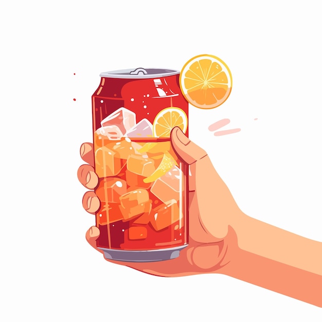 Vector refreshing cold soda drink held by hand in tin can