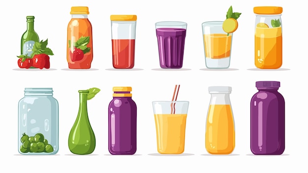 Vector refreshing drink juice smoothie flat vector icon set