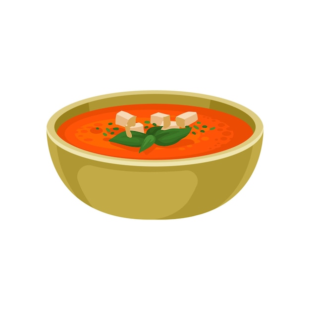 Refreshing gazpacho soup in ceramic bowl Delicious dish of Spanish cuisine Flat vector element for menu