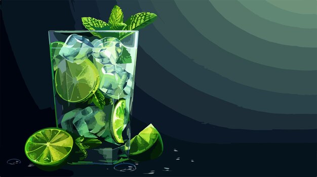 Vector refreshing glass of cold mojito on dark background vector illustration