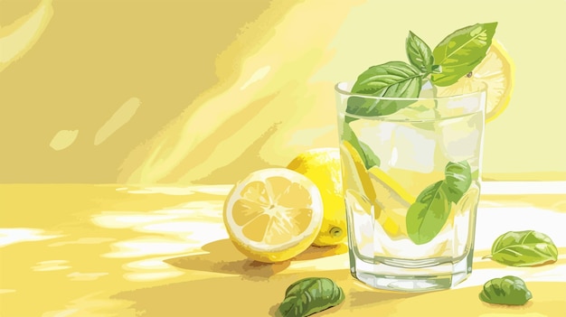 Vector refreshing glass of lemonade with fresh basil on vibrant color background