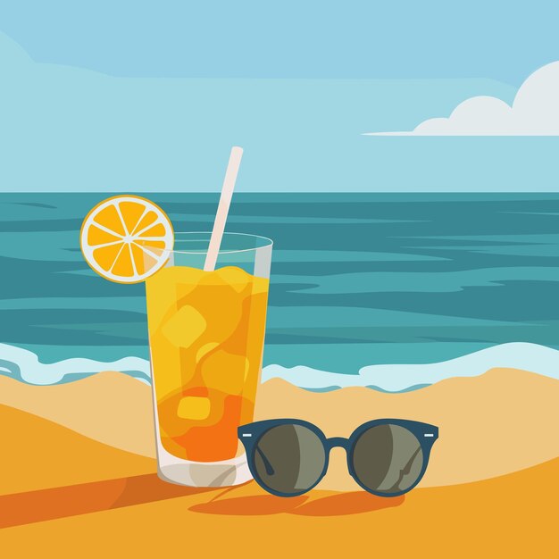 Vector a refreshing glass of orange juice with sunglasses on a beach towel on a sunny day