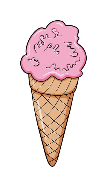 Refreshing ice cream in a waffle tube summer dessert doodle linear coloring food cartoon