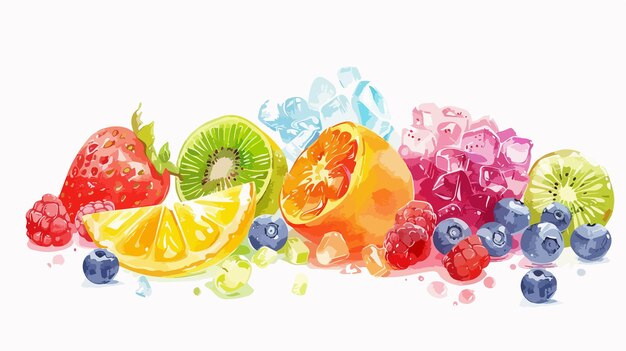 Vector refreshing ice with frozen fruits on white background