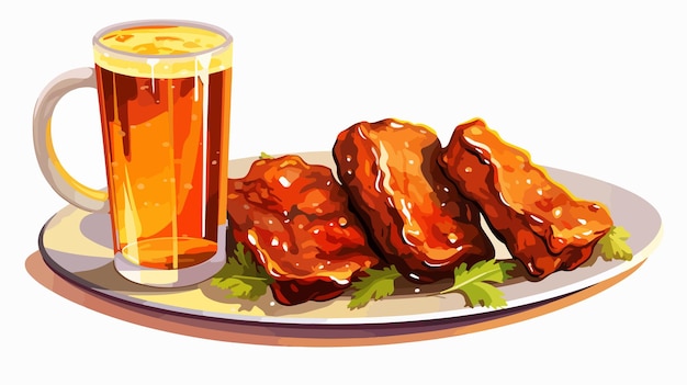 Vector refreshing illustration of two glasses of beer with a plate