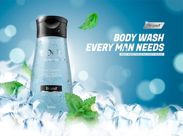 Refreshing men's body wash with frozen ice cubes and mint leaves on blue background in 3d illustration