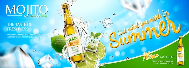 Vector refreshing mojito banner ads with sliced fruit and ice cubes on blue sky background