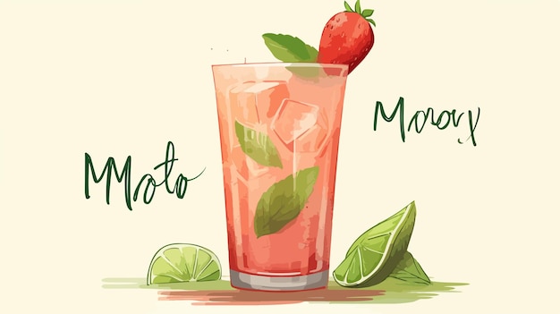 Vector refreshing strawberry mojito cocktail with pink brushes