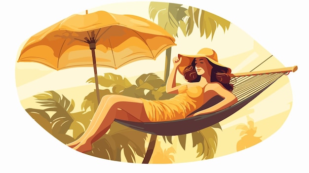 Vector refreshing summer heat concept woman relaxing on hammock with fan