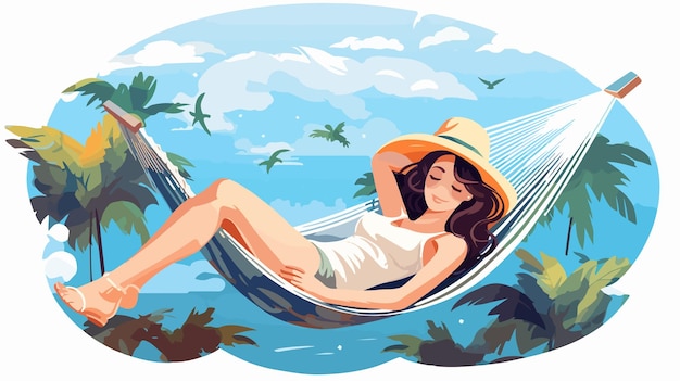 Vector refreshing summer heat concept woman relaxing on hammock with fan