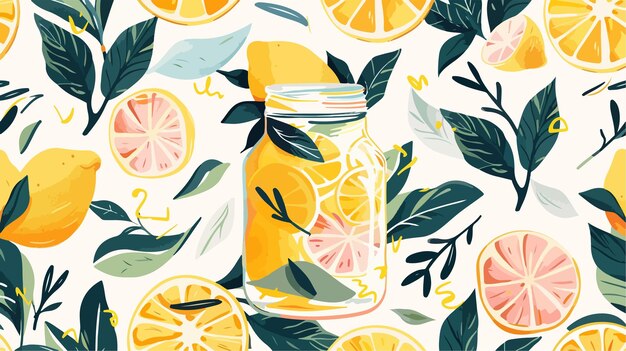 Refreshing Summer Seamless Pattern with Lemon Lemon Slice and Jar