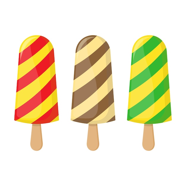 Refreshment ice-cream realistic vector set, three bright chocolate ice creams on a wooden stick in a different colors