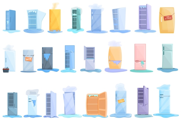 Refrigerator repair icons set. Cartoon set of refrigerator repair vector icons for web design