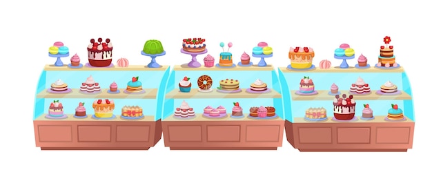 Refrigerator with cakes Confectionery Pastry shop interior inside Cafe or Candy store Cakes