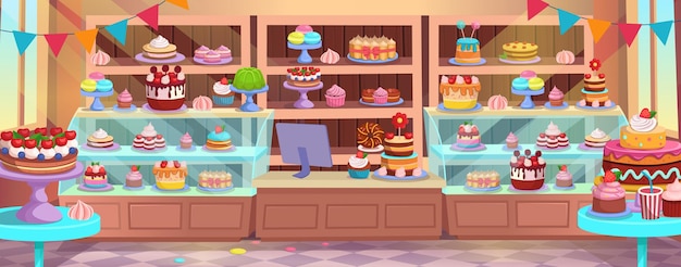 Refrigerator with cakes Confectionery Pastry shop interior inside Cafe or Candy store Cakes