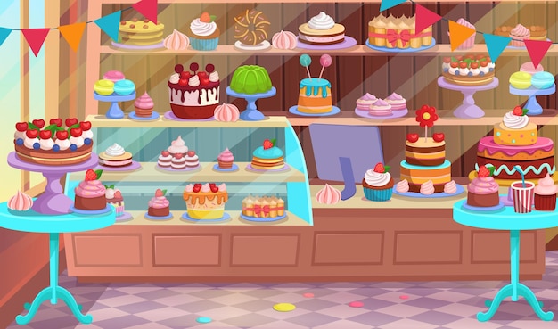 Refrigerator with cakes Confectionery Pastry shop interior inside Cafe or Candy store Cakes