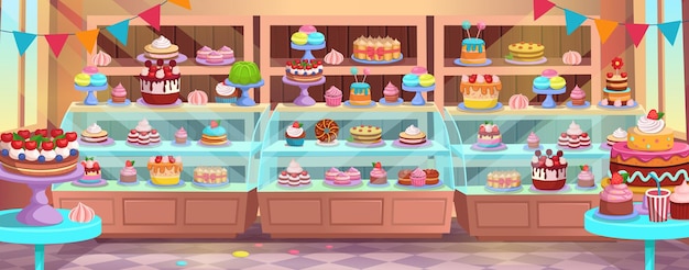 Vector refrigerator with cakes confectionery pastry shop interior inside cafe or candy store cakes