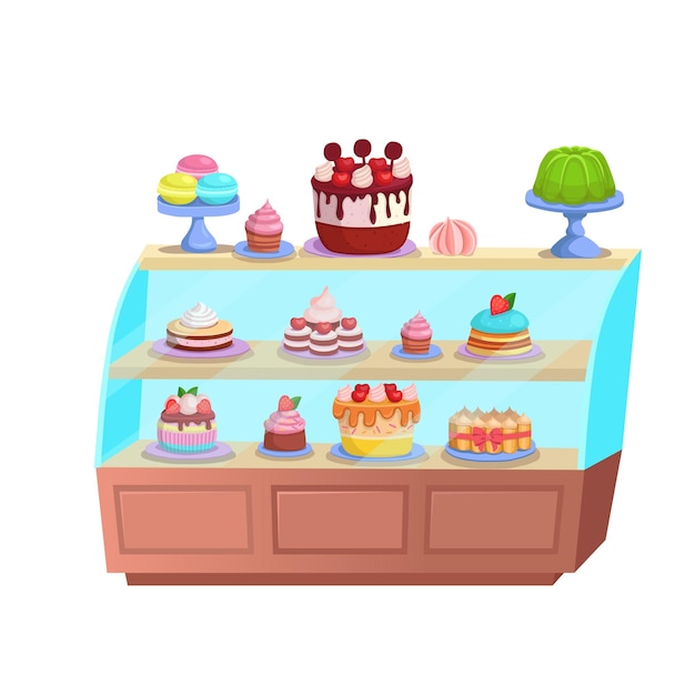 Vector refrigerator with cakes confectionery pastry shop interior inside cafe or candy store