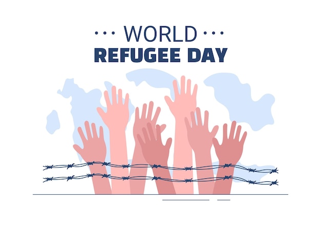 Refugee Day Template Hand Drawn Illustration with Hands Family and Barbed Wire Fence to Immigrate