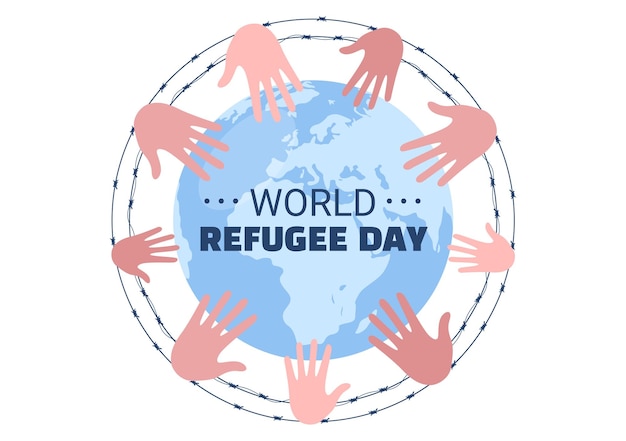 Refugee Day Template Hand Drawn Illustration with Hands Family and Barbed Wire Fence to Immigrate