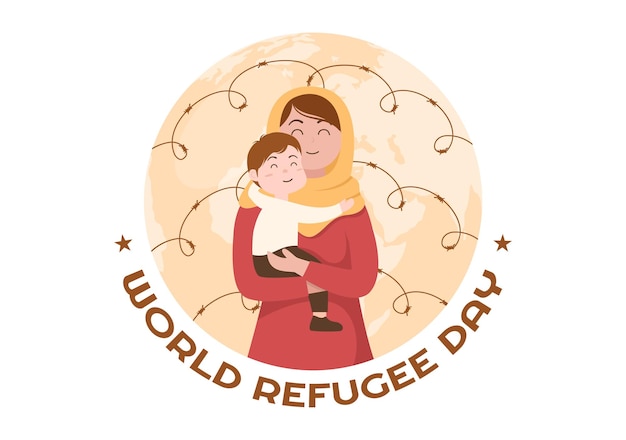 Refugee Day Template Hand Drawn Illustration with Hands Family and Barbed Wire Fence to Immigrate