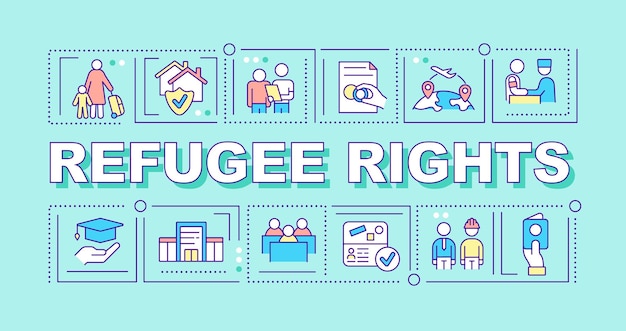 Refugee rights word concepts blue banner International protection Infographics with icons on color background Isolated typography Vector illustration with text ArialBlack font used