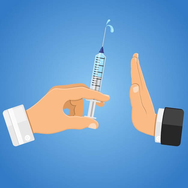 Refusal stop vaccination, injection, narcotic concept. doctor holds syringe with vaccine or narcotic in hand.