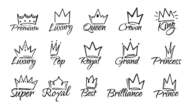 Regal calligraphy crown sign King queen princess and royal luxury emblems with hand drawn crowns Crowned text vector set