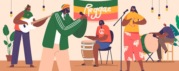 Reggae Musicians Exude Infectious Energy On Stage Swaying To Rhythmic Beats Engaging The Crowd With Soulful Melodies And Spreading Positive Vibes Through Powerful Performances Vector Illustration