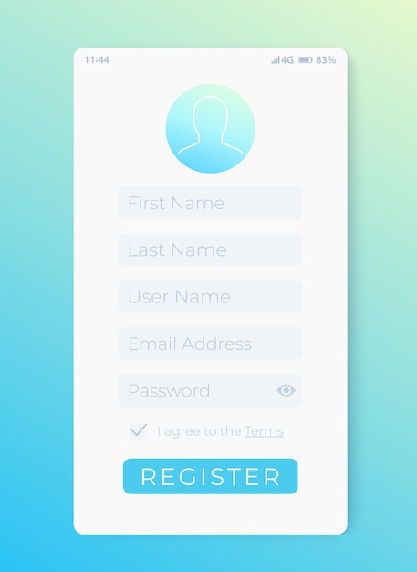 Register form, mobile interface