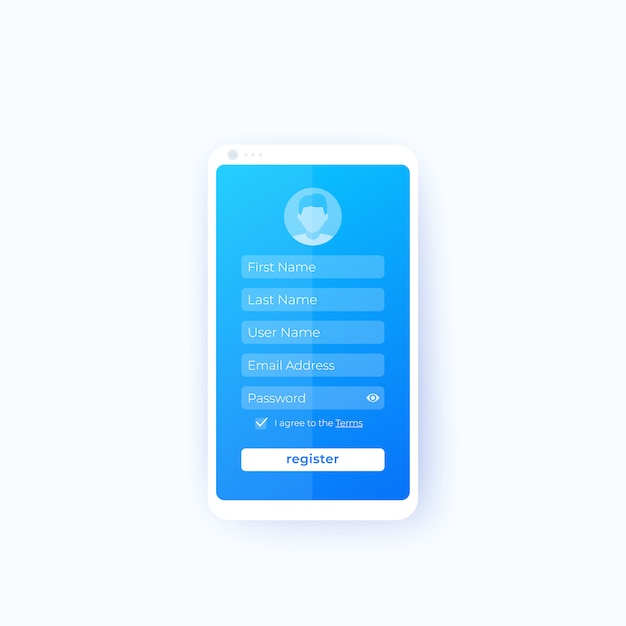 Register, mobile app ui