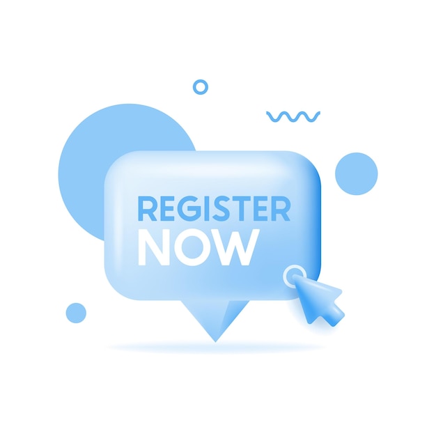 Register now chat bubble with hand cursor Registration button with click here finger icon Internet web button with hand pointer Register 3d tag Vector banner