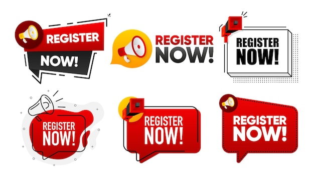 Register Now Megaphone label collection with text Marketing and promotion Vector Illustration