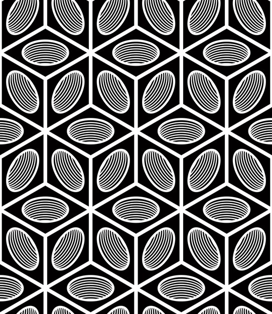 Regular contrast endless pattern with intertwine three-dimensional figures, continuous illusory geometric background.