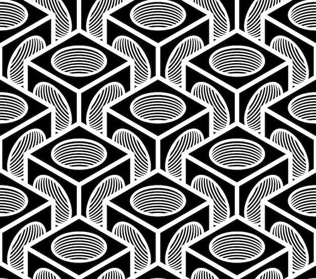 Regular contrast endless pattern with intertwine three-dimensional figures, continuous illusory geometric background.