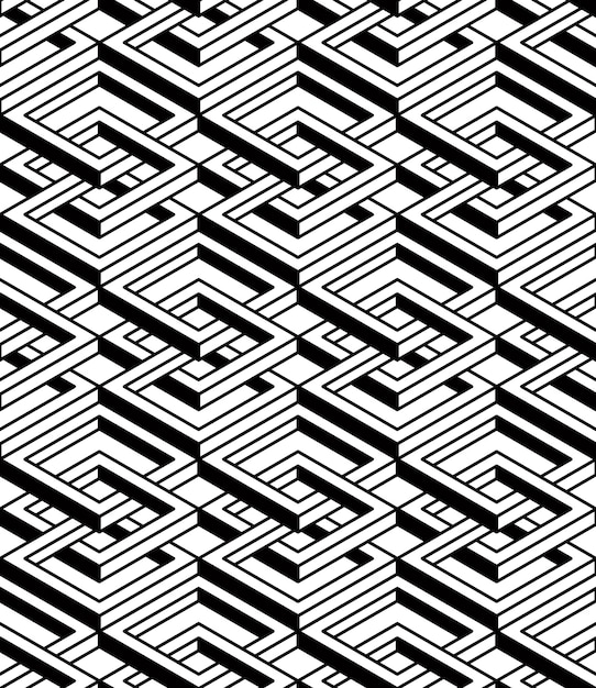 Regular contrast endless pattern with intertwine three-dimensional figures, continuous illusory geometric background.