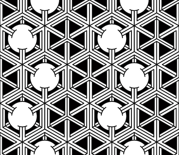 Regular contrast endless pattern with intertwine three-dimensional figures, continuous illusory geometric background.