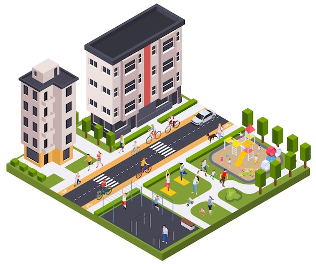 Regular sport physical activity people isometric composition with view of city district with houses athletic playgrounds vector illustration