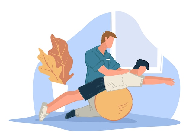 Rehabilitation and body treatment doing special exercises for strengthening body. Wellness and health care. Coach helping character to stretch on big fitness ball in gym. Vector in flat style