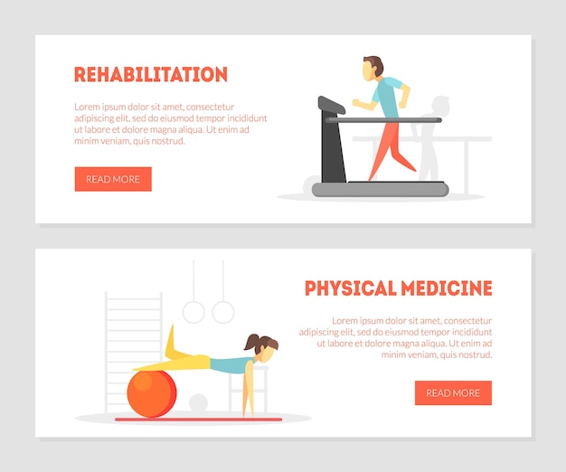 Rehabilitation Physical Medicine Landing Page Physiotherapy Horizontal Banners Set Physical Training and Rehabilitation Exercises Vector Illustration Web Design