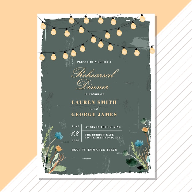 rehearsal dinner invitation with vintage floral and string light