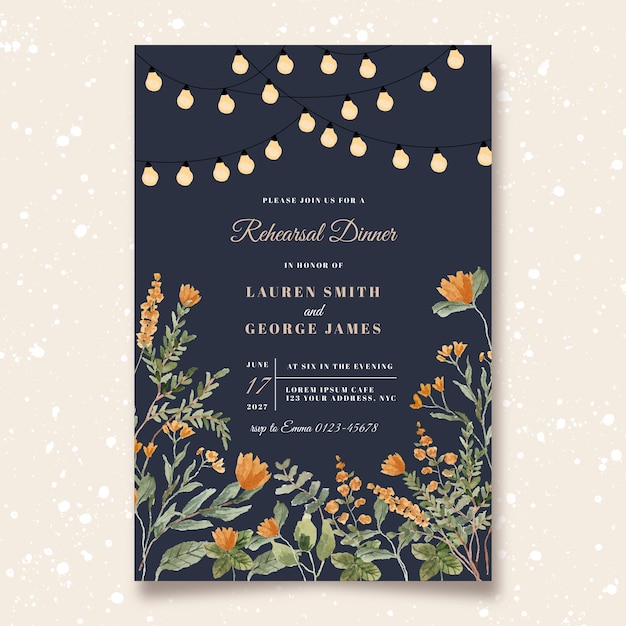 Vector rehearsal dinner with string light and yellow orange floral watercolor