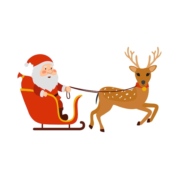 Reindeer carries Santa Claus in the sleigh. Isolated object on a white background