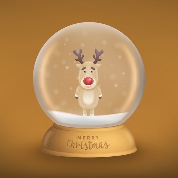 Reindeer character illustration in a realistic snow globe on a light blue background