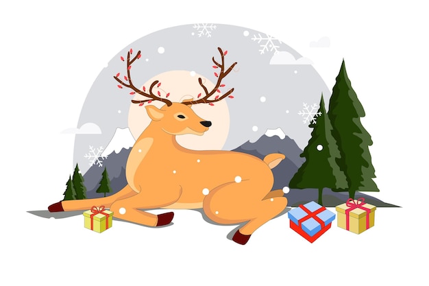 Reindeer and Gifts Flat Style Illustration